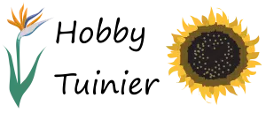 De illustratie toont een paradijsvogelbloem aan de linkerkant en een zonnebloem aan de rechterkant. De woorden "Hobby Farmer" zijn ertussen geschreven in een scriptlettertype.