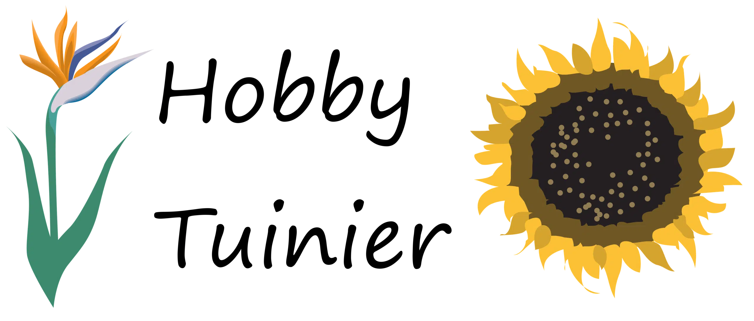 De illustratie toont een paradijsvogelbloem aan de linkerkant en een zonnebloem aan de rechterkant. De woorden "Hobby Farmer" zijn ertussen geschreven in een scriptlettertype.