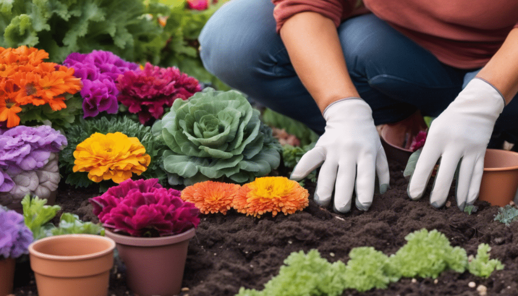 Een persoon met witte handschoenen is aan het tuinieren en plant levendige bloemen zoals goudsbloemen en sierkool in rijke aarde. Er staan verschillende potplanten in de buurt en de persoon is gehurkt, gefocust op het rangschikken van de planten.