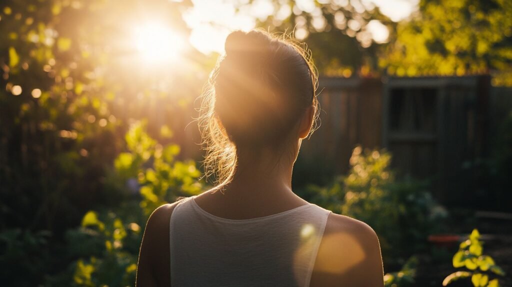 A person with hair in a bun stands in a sunlit garden, facing away from the camera. Sunlight filters through the trees, casting a warm glow and creating a peaceful, serene atmosphere.