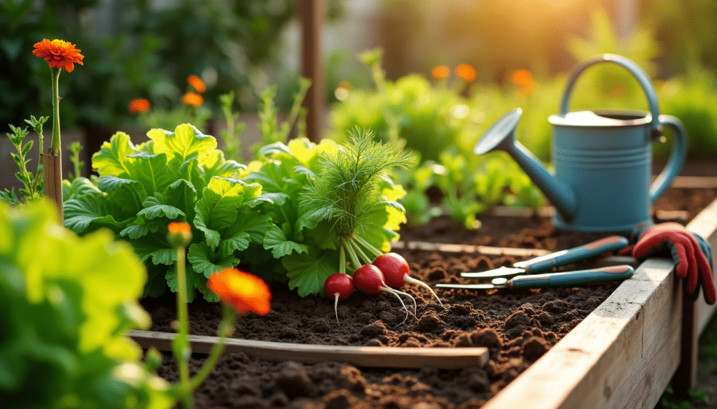 Een levendige moestuin met radijzen, sla en wortels in een houten plantenbak. Een gieter, handschoenen en gereedschap staan in de buurt. Zonlicht schijnt op de groene bladeren, met oranje bloemen die het tafereel bezaaien.