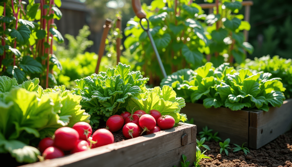 Houten verhoogde tuinbedden met levendige groene sla, bladgroenten en rode radijzen. Het tafereel baadt in warm zonlicht, waardoor de verse producten worden benadrukt. Op de achtergrond zijn plantensteunen en meer groen zichtbaar.