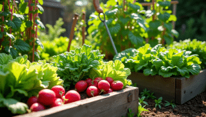 Houten verhoogde tuinbedden met levendige groene sla, bladgroenten en rode radijzen. Het tafereel baadt in warm zonlicht, waardoor de verse producten worden benadrukt. Op de achtergrond zijn plantensteunen en meer groen zichtbaar.