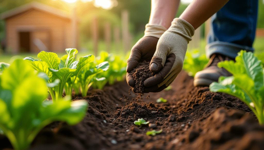 Een persoon met handschoenen aan verzorgt een moestuin, voegt aarde toe aan een rij groen onder de warme gloed van de zon. Een houten schuur is zichtbaar op de achtergrond, met weelderige planten langs het tuinperceel.