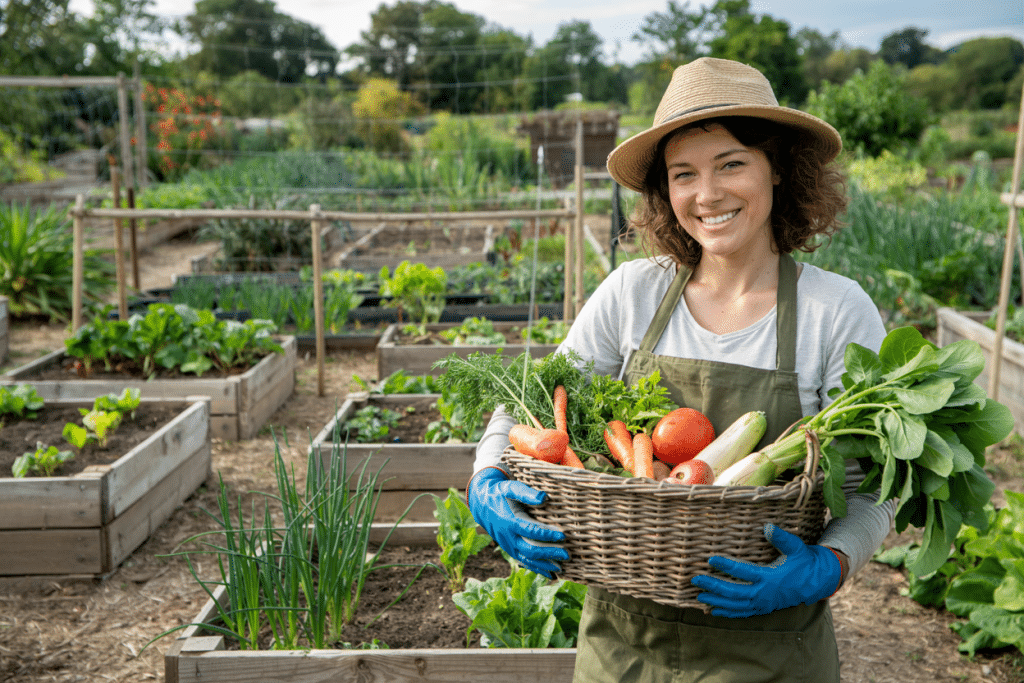 Een persoon met een strohoed en schort glimlacht terwijl hij een mand met verse groenten vasthoudt, waaronder sla, wortels en tomaten. Ze staan in een weelderige tuin met verhoogde bedden vol groene planten.
