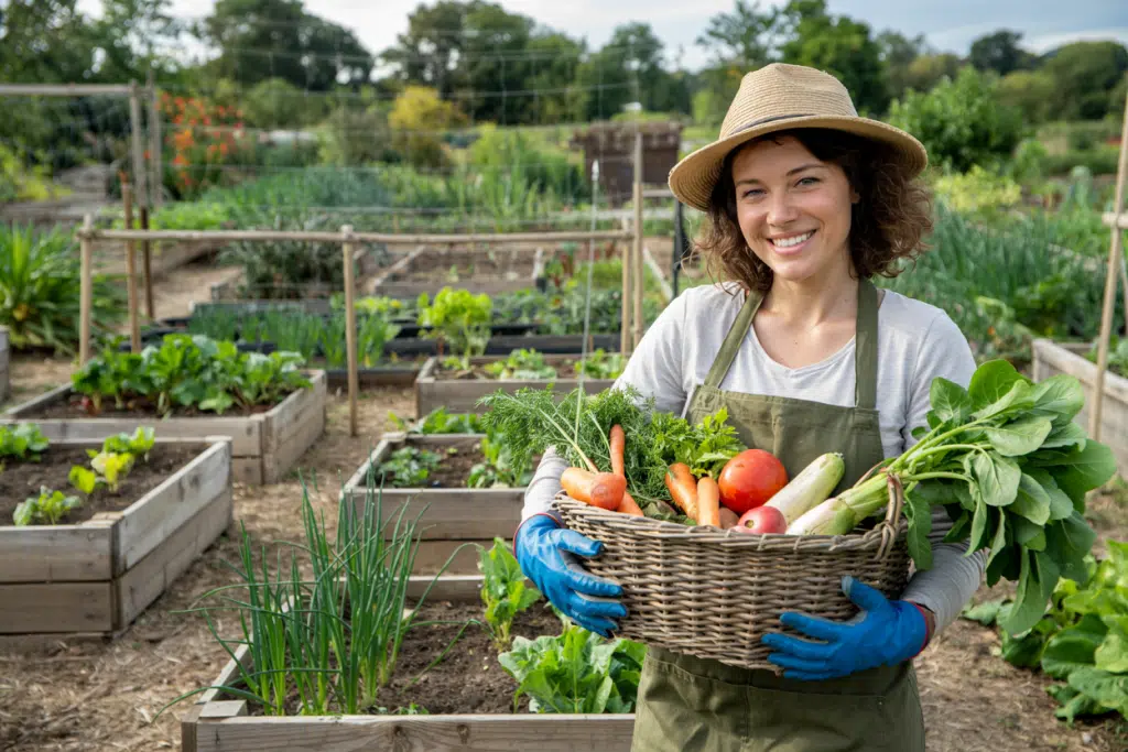 Een persoon met een strohoed en schort glimlacht terwijl hij een mand met verse groenten vasthoudt, waaronder sla, wortels en tomaten. Ze staan in een weelderige tuin met verhoogde bedden vol groene planten.