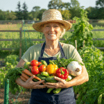 A smiling woman wearing a straw hat and apron stands in a lush vegetable garden, holding an armful of freshly harvested produce—perfect inspiration for anyone interested in moestuinieren voor beginners.