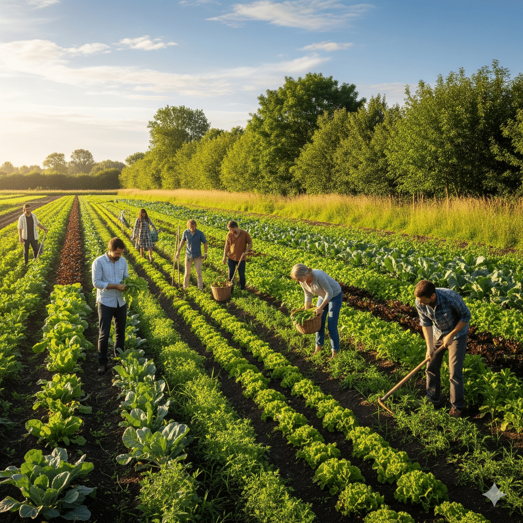 Een groep mensen werkt op een zonnige dag samen in een weelderige moestuin, waar ze met gereedschap rijen groene gewassen verzorgen, omringd door bomen en velden.