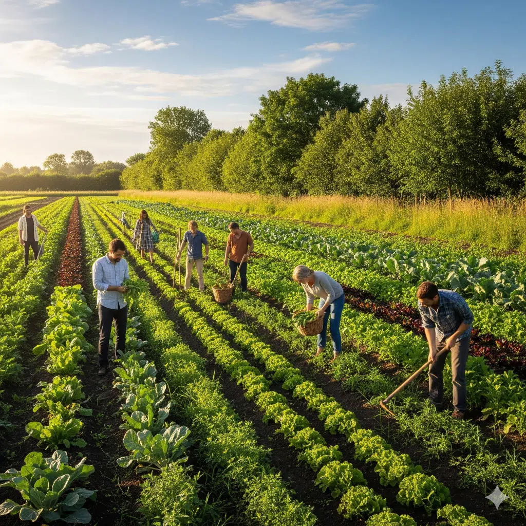 Een groep mensen werkt op een zonnige dag samen in een weelderige moestuin, waar ze met gereedschap rijen groene gewassen verzorgen, omringd door bomen en velden.